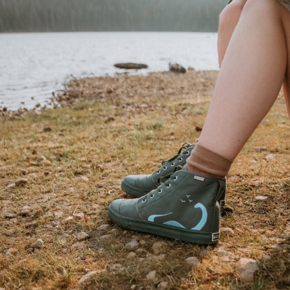 Bangs Shoes Prehistoric High Top Sneaker Vegan Footwear Green Blue Embroidered - Picture 3 of 9